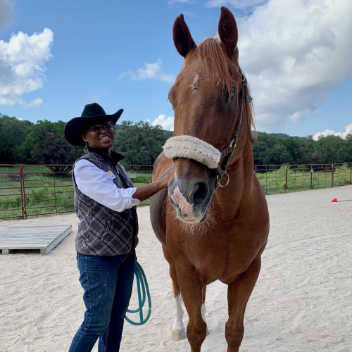 Participant leading Paulie the horse